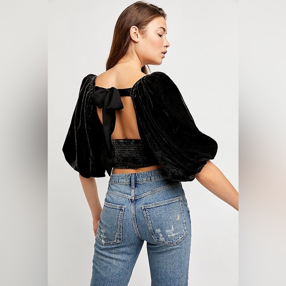 Free People Marie Velvet Open Back Black Crop Top Balloon Puff Sleeve Medium - Picture 13 of 13